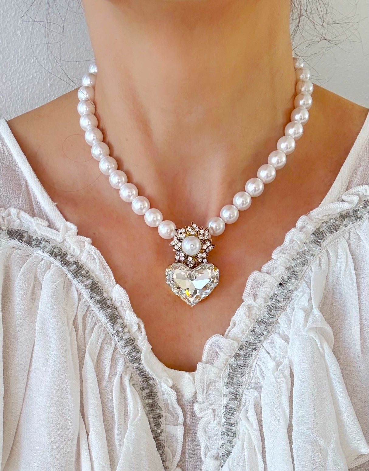 Colier cu perle si pandantiv inima cristal Solaria Perla
